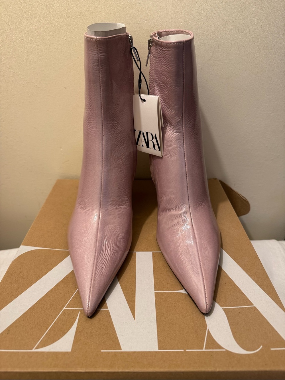 NWT ZARA Pink Pointed Leather Kitten Heel Ankle Boots 39 US 8